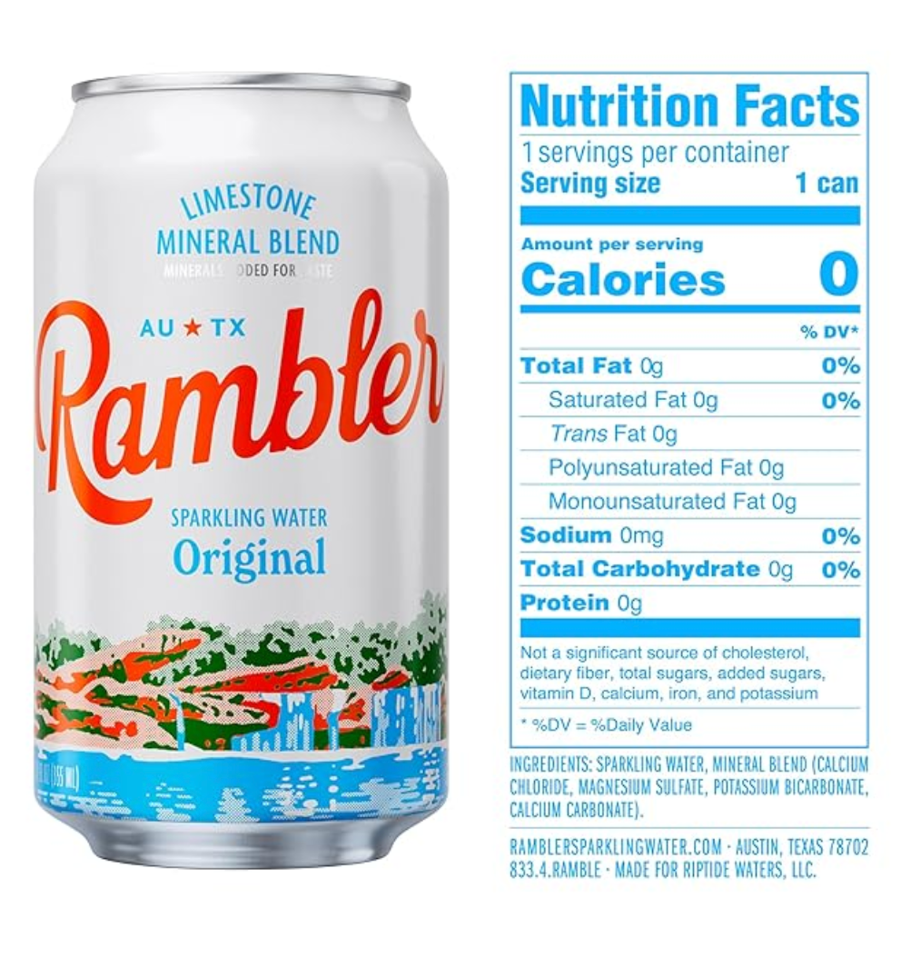 AUTX RAMBLER Sparkling Water, Texas Limestone Filtered, 12-Ounce Can