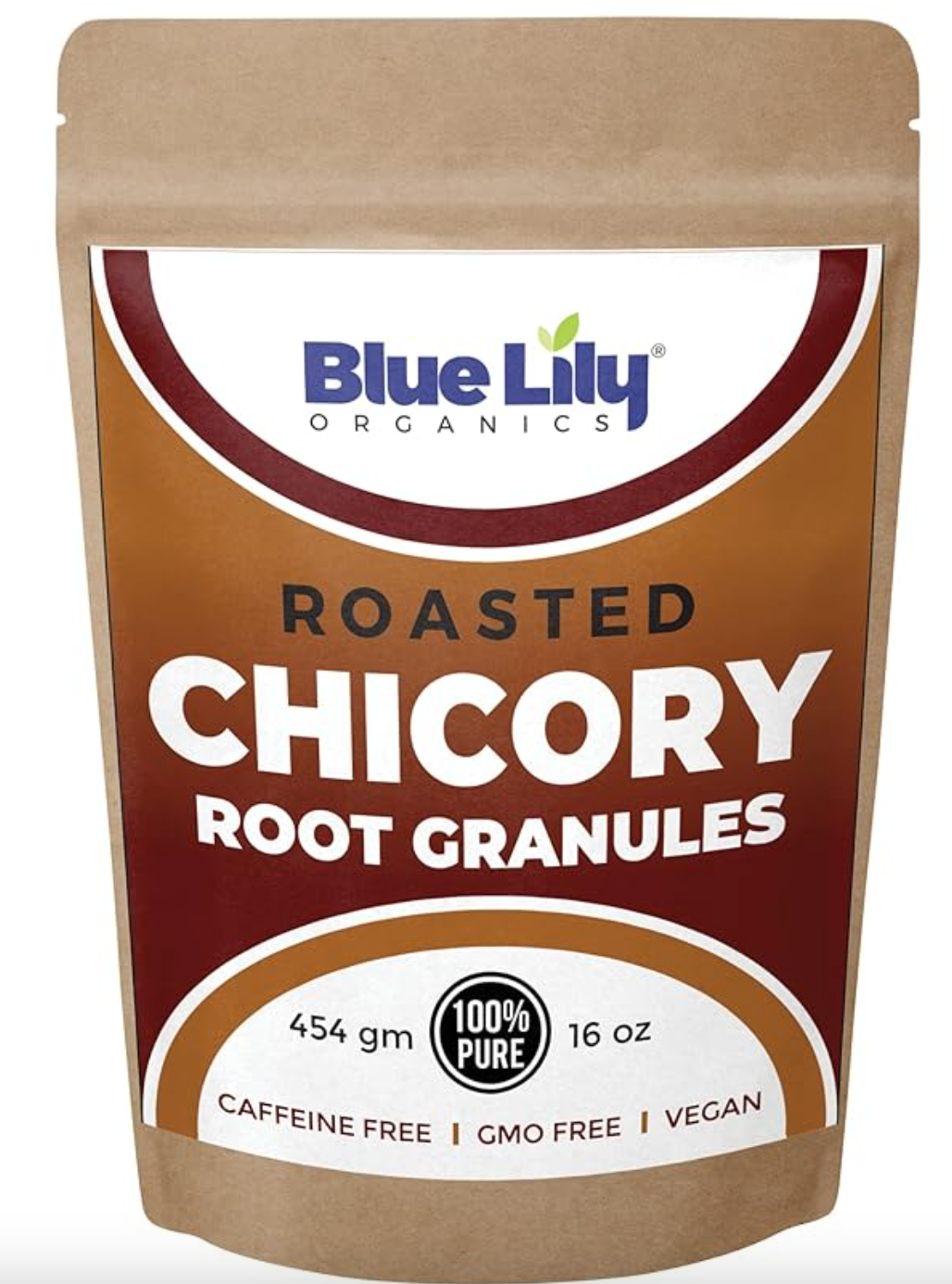 Blue Lily Organics Chicory Root Roasted Granules 16 oz (1 Pound), Chicory Coffee Caffeine Free Coffee & Tea Substitute, Inulin & Prebiotic Source