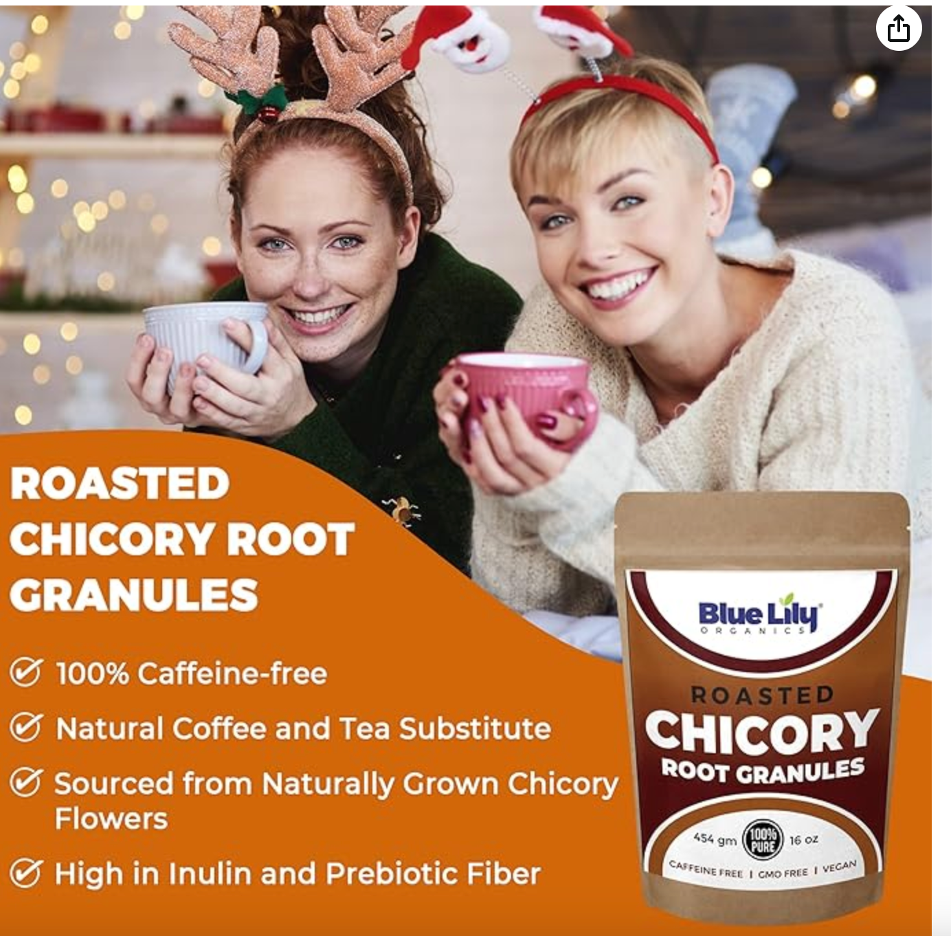 Blue Lily Organics Chicory Root Roasted Granules 16 oz (1 Pound), Chicory Coffee Caffeine Free Coffee & Tea Substitute, Inulin & Prebiotic Source