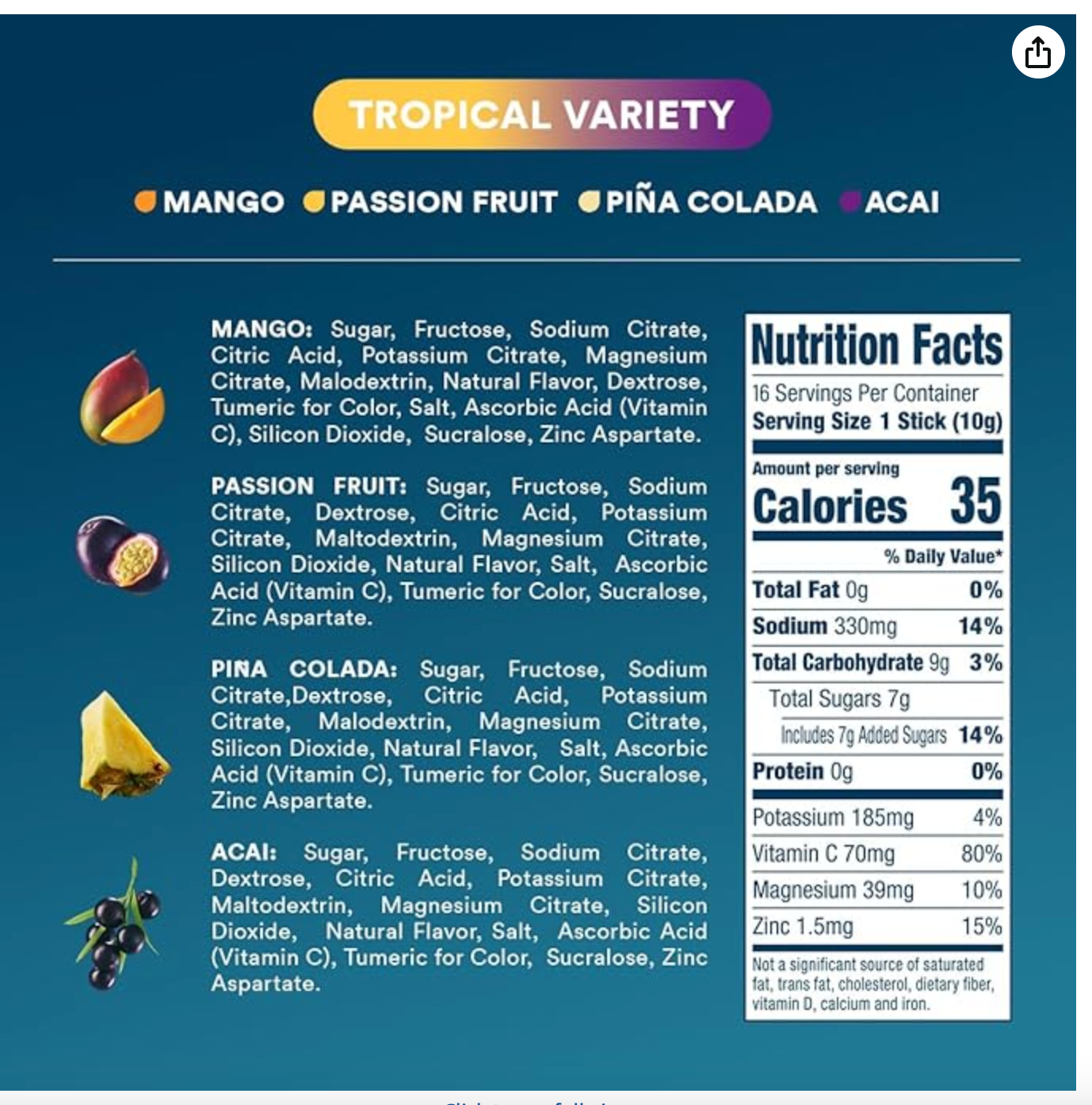 DripDrop Hydration Packets - Tropical Variety Pack - Single Serve Electrolytes Powder Drink Mix - Mango, Açaí, Passion Fruit, Piña Colada - Non-GMO, Gluten Free, Vegan - 16 Sticks - Expires 03/2029