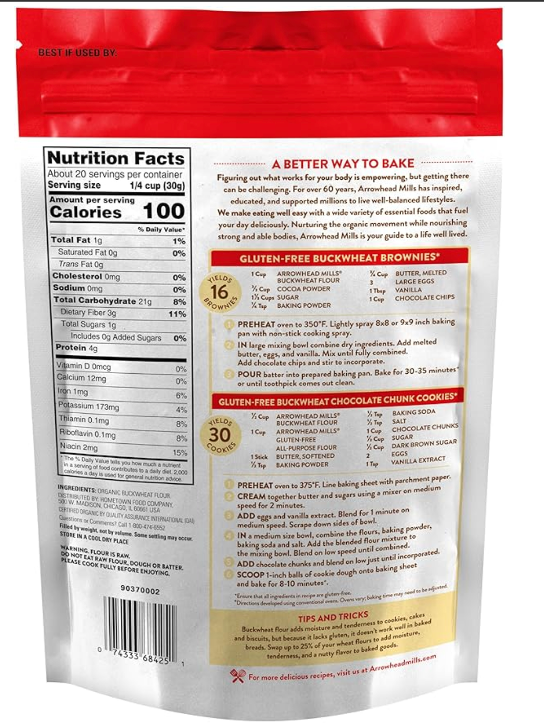 Arrowhead Mills Organic Gluten Free Buckwheat Flour, 22 oz - Expires Feb 18 2026