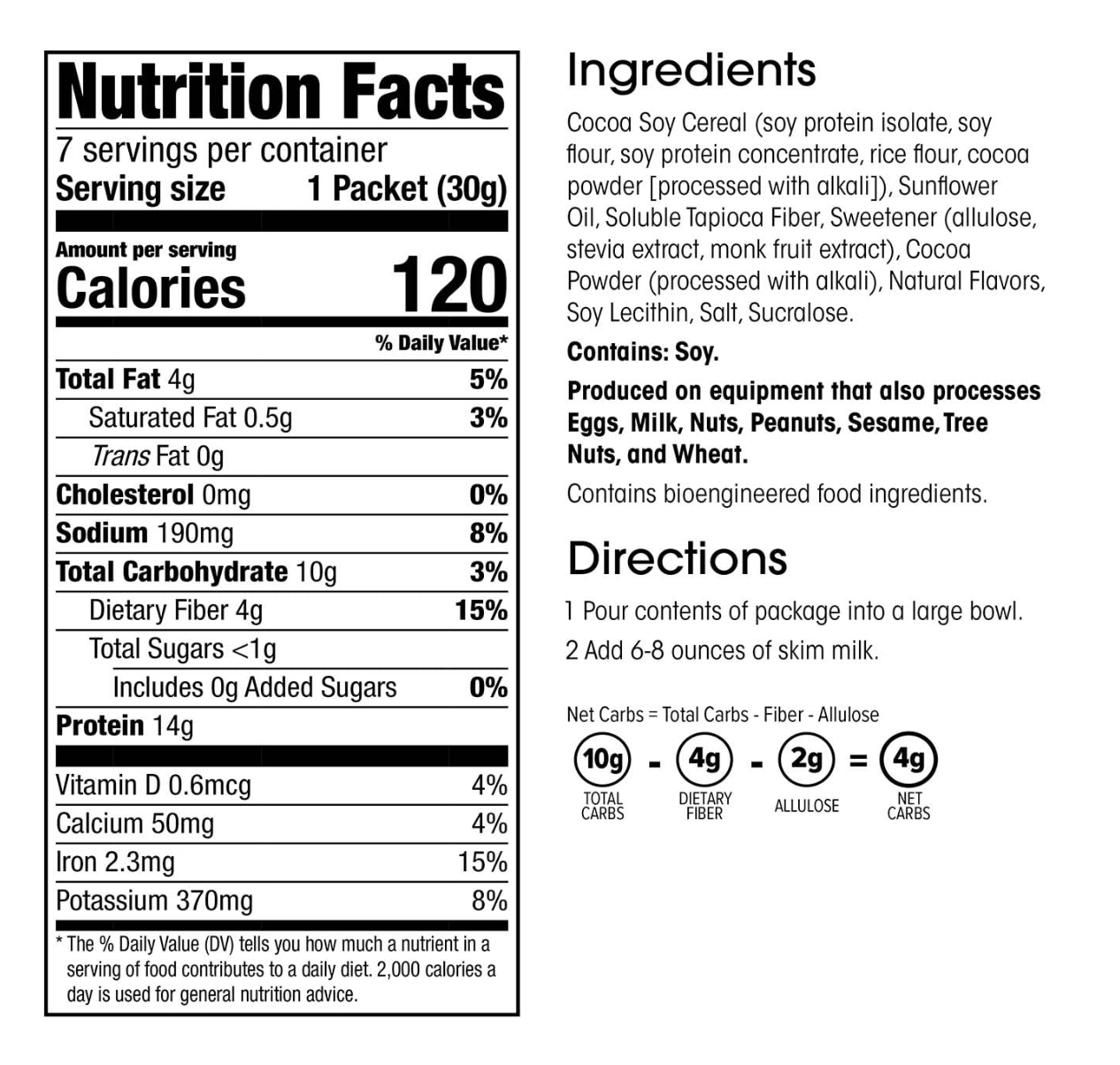 WonderSlim Protein Cereal, Cocoa, Low Sugar, Gluten Free, Keto Friendly & Low Carb (7ct) - Expires 08/29/2025