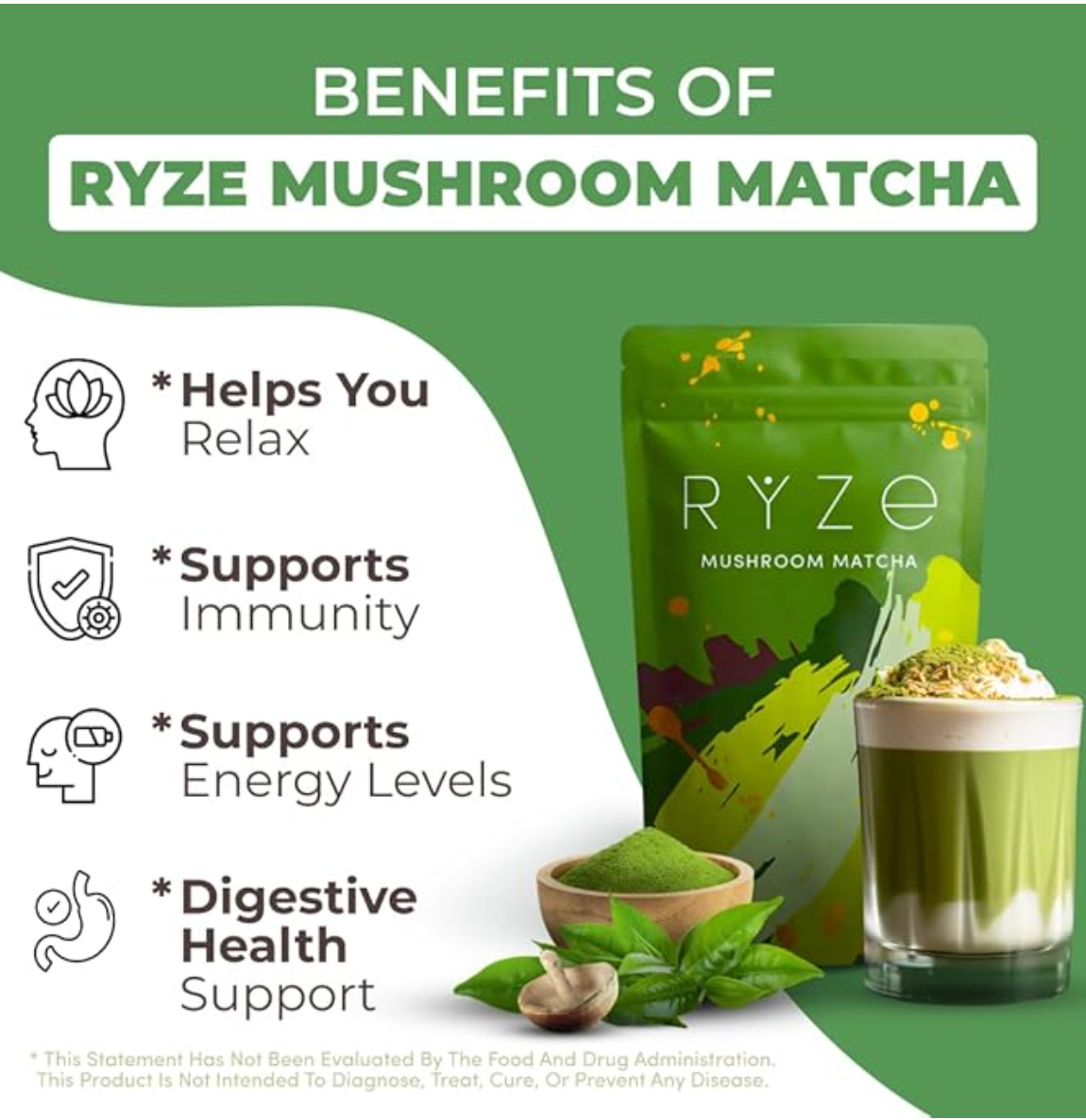 RYZE SUPERFOODS Mushroom Matcha, USDA Organic with 6 Adaptogenic Mushrooms and Ceremonial-Grade Matcha for Energy, Focus, Digestion, Immunity with Turkey Tail, Shiitake, Lion's Mane, 30 servings