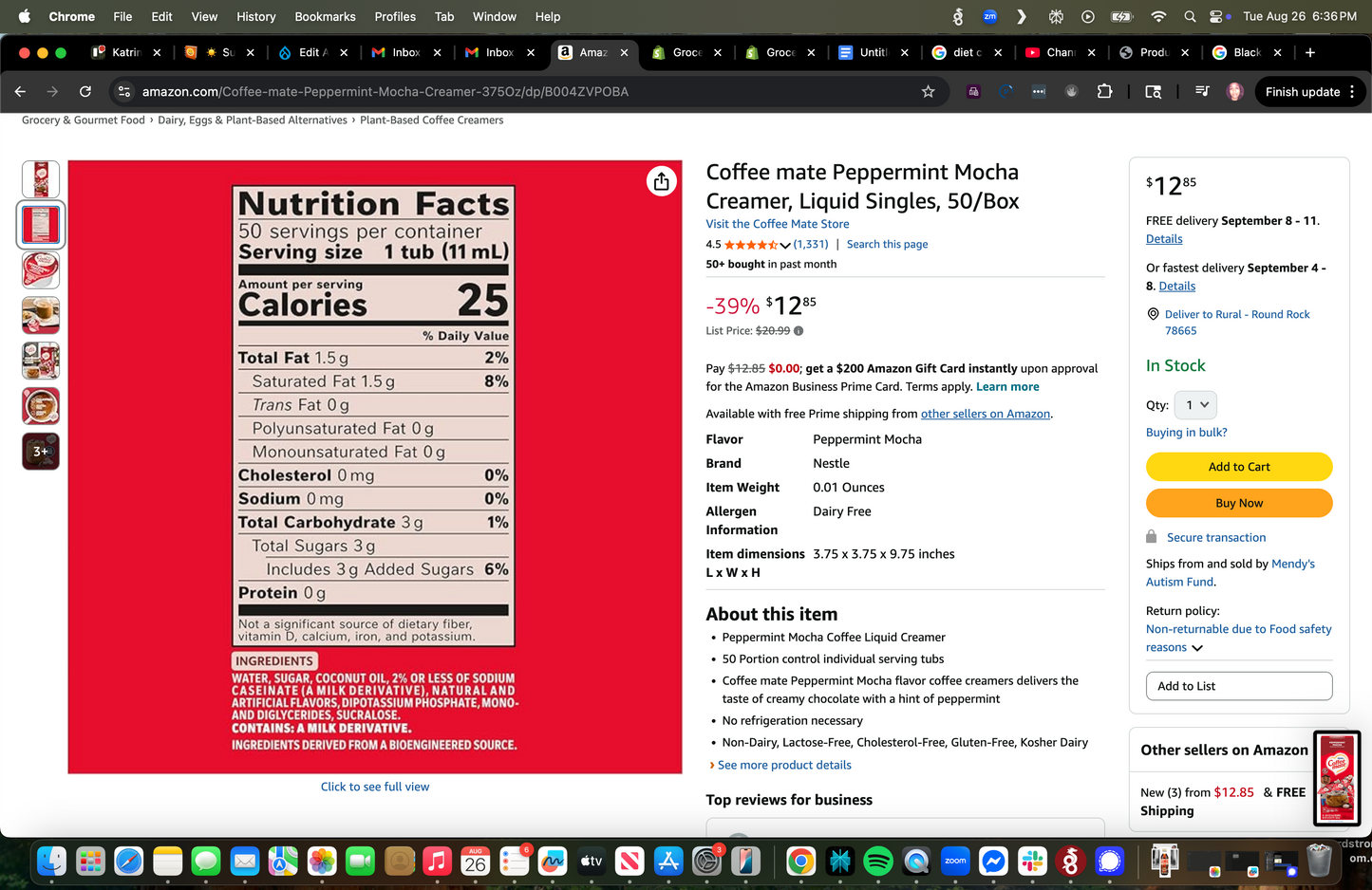 Coffee mate Peppermint Mocha Creamer, Liquid Singles, 50/Box - Expired May 2025