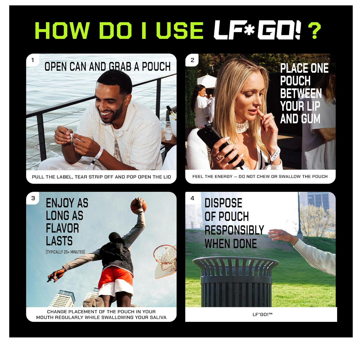 LF*GO! Energy Pouches | Caffeine Pouches | 6 Essential Vitamins and Minerals | Orange Tangerine | 200 mg Natural Caffeine | 0 Calories | 0 Sugar | 15 Pouches Per Can | 1 Can