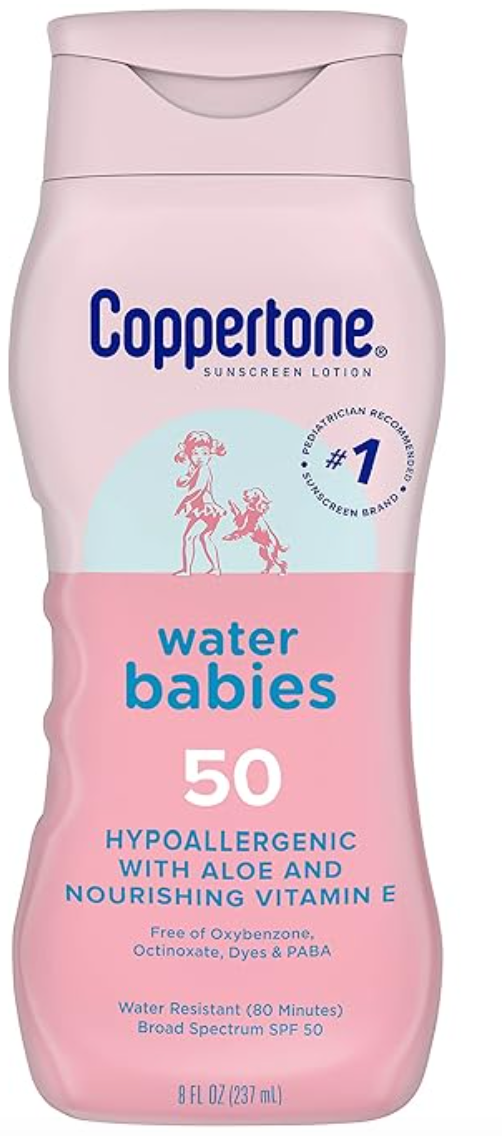 Coppertone WaterBabies Baby Sunscreen Lotion SPF 50, Hypoallergenic Sunscreen for Babies, Water Resistant, Pediatrician Recommended, 8 Fl Oz Bottle