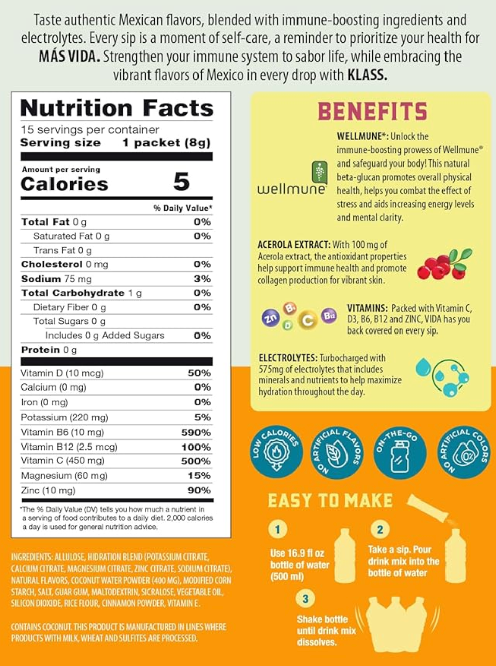 Hydration + Immunity Electrolyte Drink Mix – Mango Agua Fresca Flavor | Sugar-Free Powder with Wellmune®, Acerola, Coconut Water & Minerals | 15 Single-Serve Stick Packs, Natural Flavor