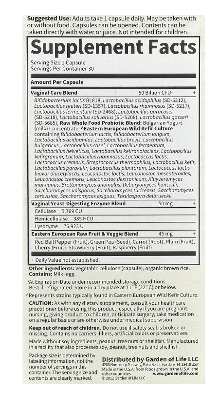Garden of Life, RAW Probiotics, Vaginal Care, 30 Vegetarian Capsules