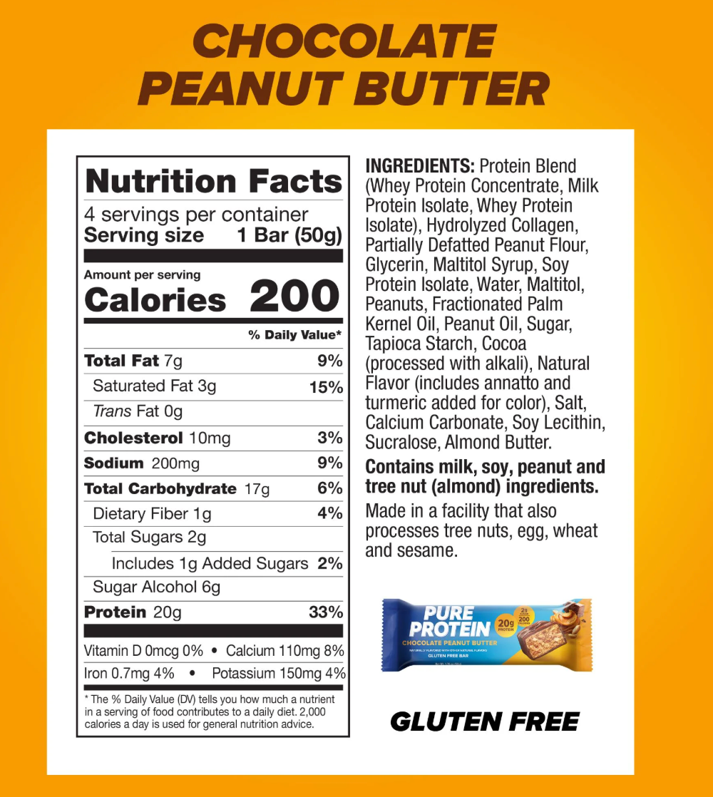 Pure Protein Bars, Chocolate Peanut Butter, 20g Protein, Gluten Free, 1.76 oz, 4 Ct