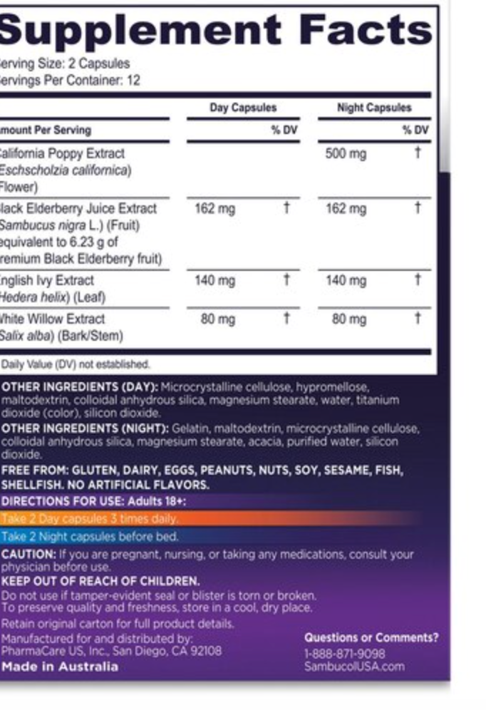 Sambucol Day+Night Cough Relief Capsules, Black Elderberry, 24 CT - expires 04/2027