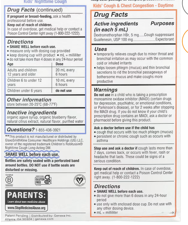 Genexa, Kids' Cough & Chest Congestion Ages 4+, Kids' Nighttime Cough Ages 6+, Organic Blueberry, 2 Pack, 4 fl oz (118 ml) Each - Expires 12/2025