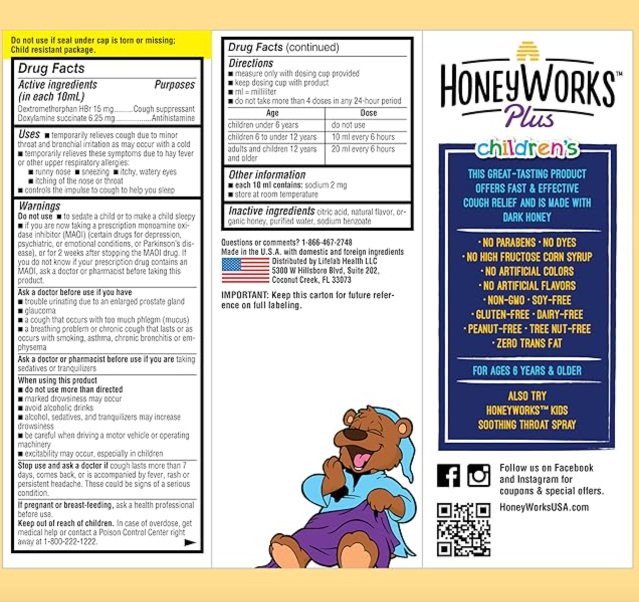 HoneyWorks Nighttime Cough Syrup for Kids with Organic Honey, 4 Oz, Helps Soothe Cough, Throat Irritation with Dark Honey, Ivy Leaf Extract, Melatonin - Expires 07/2026
