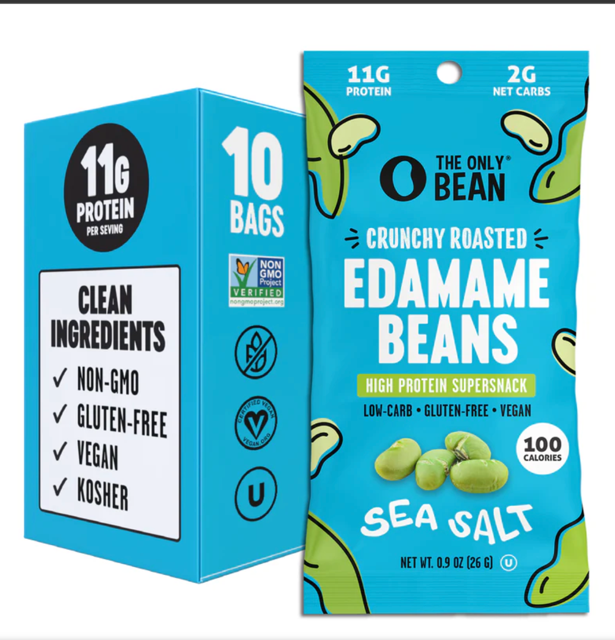 The Only Bean - Crunchy Roasted Edamame Beans (Sea Salt) - Keto Snack, High Protein, Healthy Snacks, Low Carb, Gluten-Free & Vegan (0.9oz) (10 Pack) - expired August 20 2026