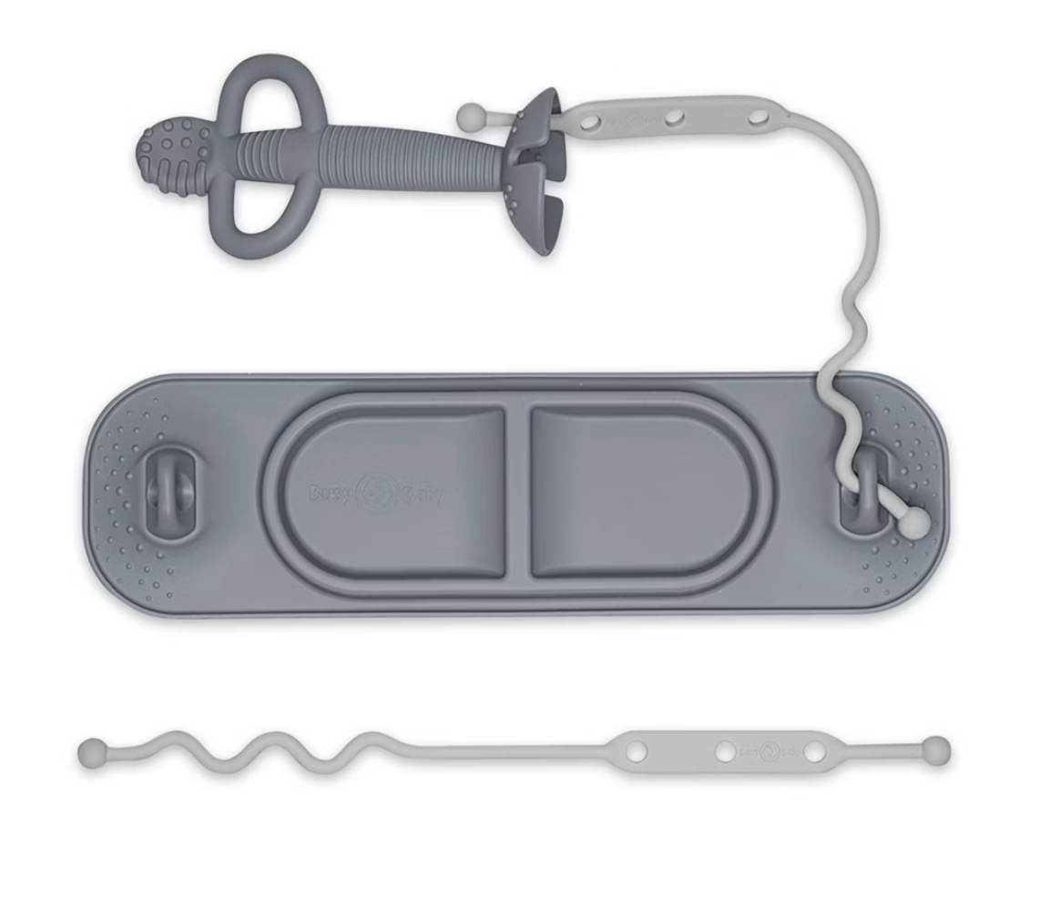 Busy Baby 4pc Silicone Travel Teething and Feeding System with Suction Mat, Teething Spoon, Travel Bag and 2 Straps for Toys and Utensil Set - Pewter