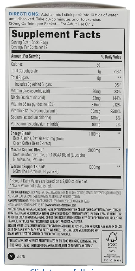 365 by Whole Foods Market Blueberry Raspberry Pre-Workout Powder 12 Count, 0.3 OZ