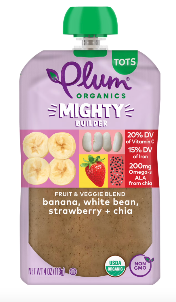 Plum Organics® Tots Mighty Builder Fruit & Veggie Blend Banana, White Bean, Strawberry + Chia 4oz Pouch - expires Dec 02 2026