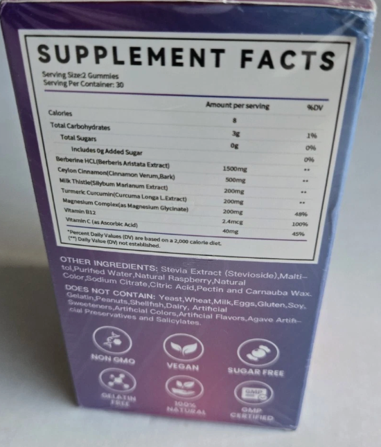 MXQ LK Berberine Gummies 1500mg Vegan Raspberry Non-GMO Sugar-Free 60 Count - expires 10/2028