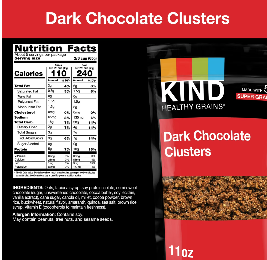 KIND Healthy Grains Instant Dark Chocolate Granola Clusters 11 oz, Shelf Stable Plastic Bag - expires Oct 11 2026