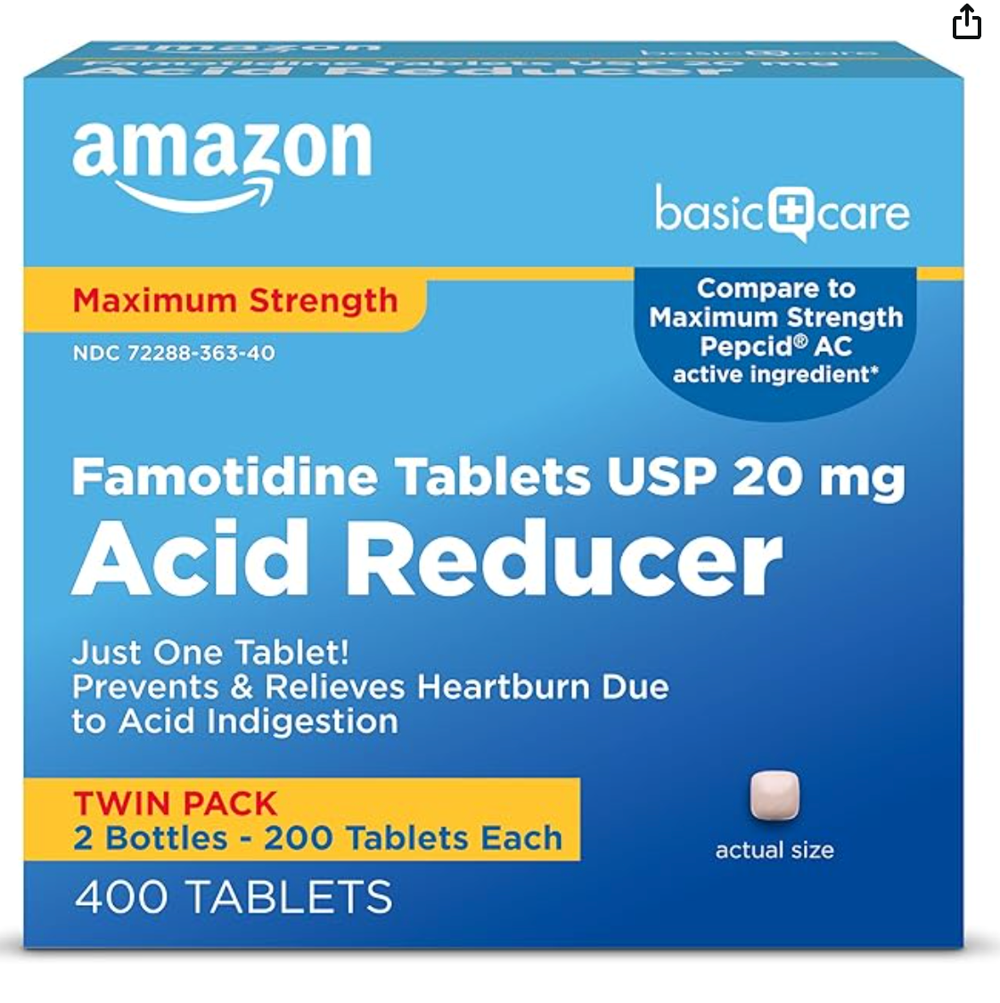 Amazon Basic Care Maximum Strength Famotidine Tablets, 20 mg, Acid Reducer for Heartburn Relief, Prevents & Relieves Heartburn, 400 Count Pack - expires Sep 2028