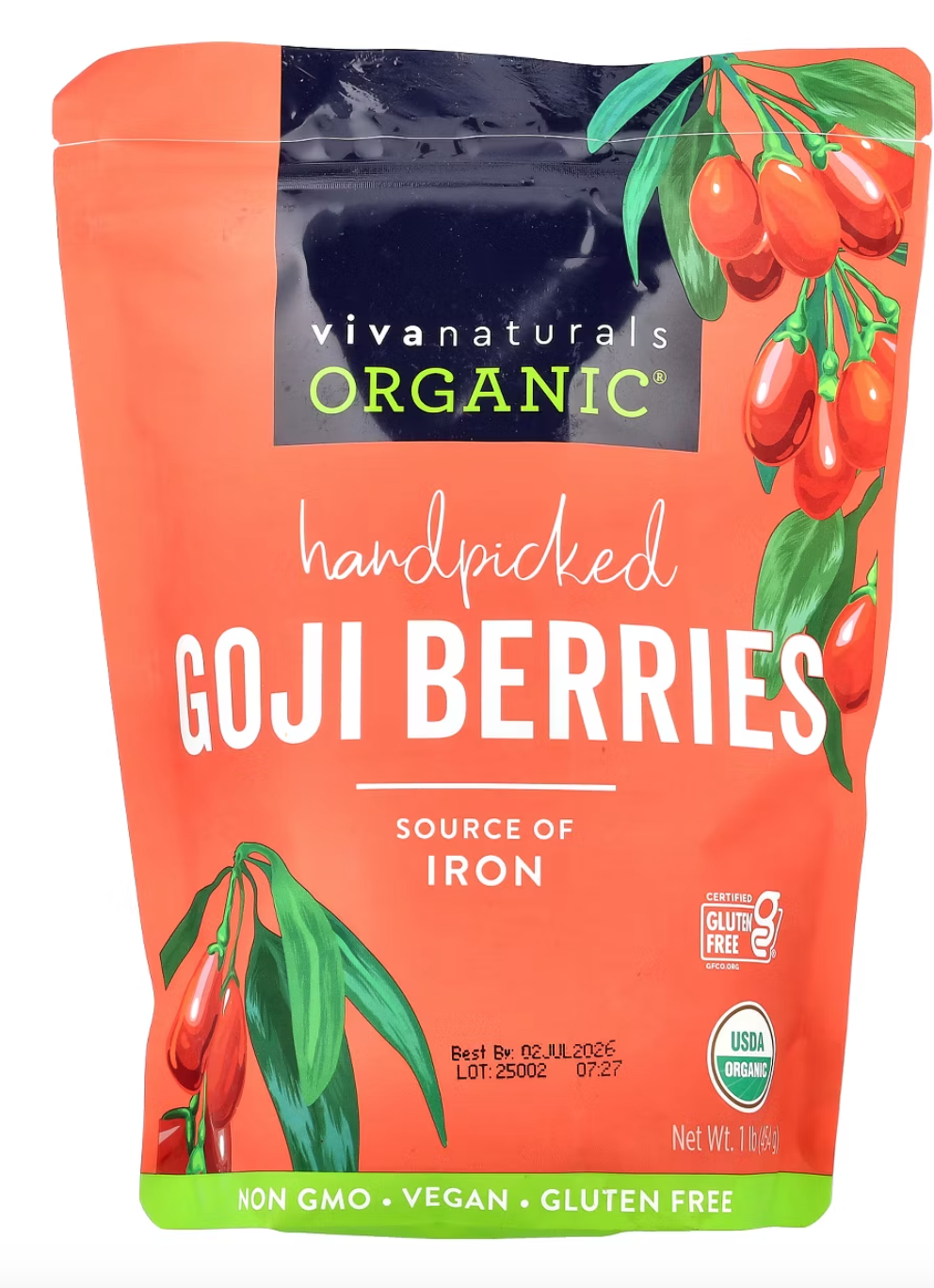 Viva Naturals Organic Handpicked Goji Berries, 1 lb (454 g) - expires July 06 2026