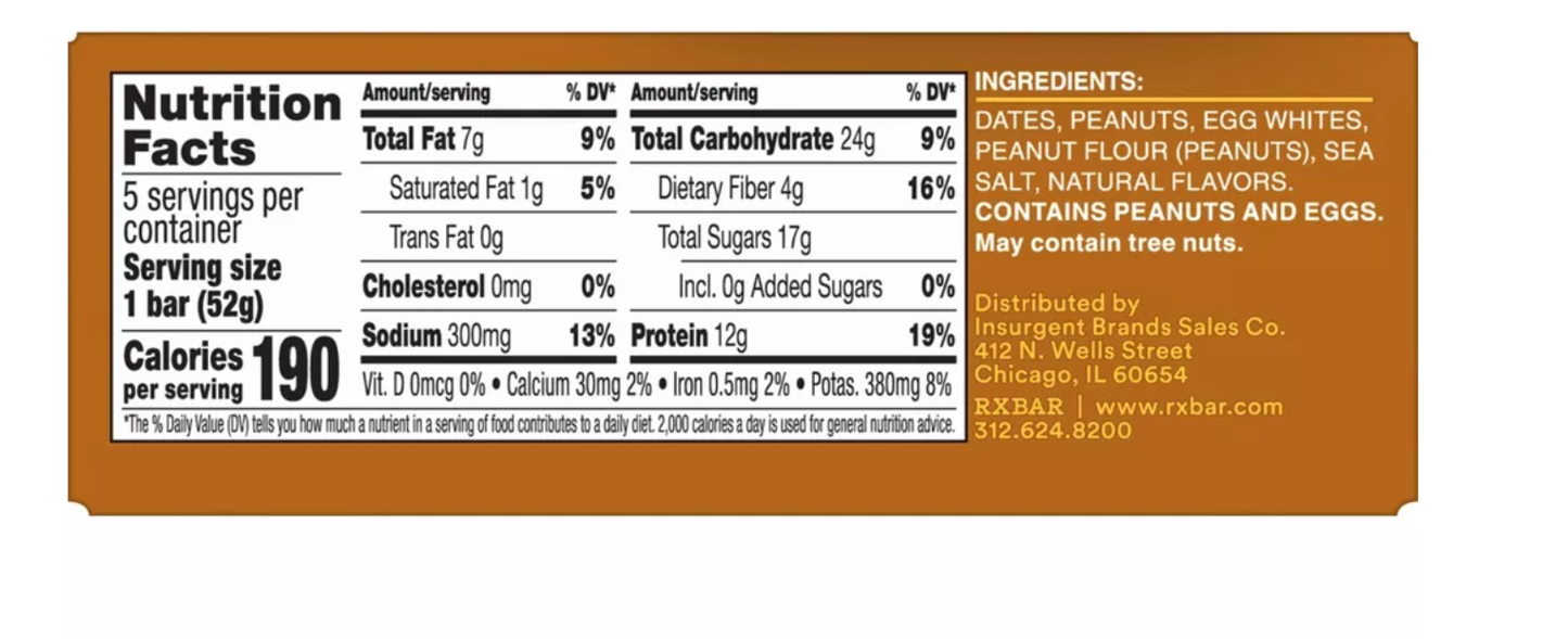 RXBAR Peanut Butter Protein Bars - 5ct/9.1oz - expires August 13 2026