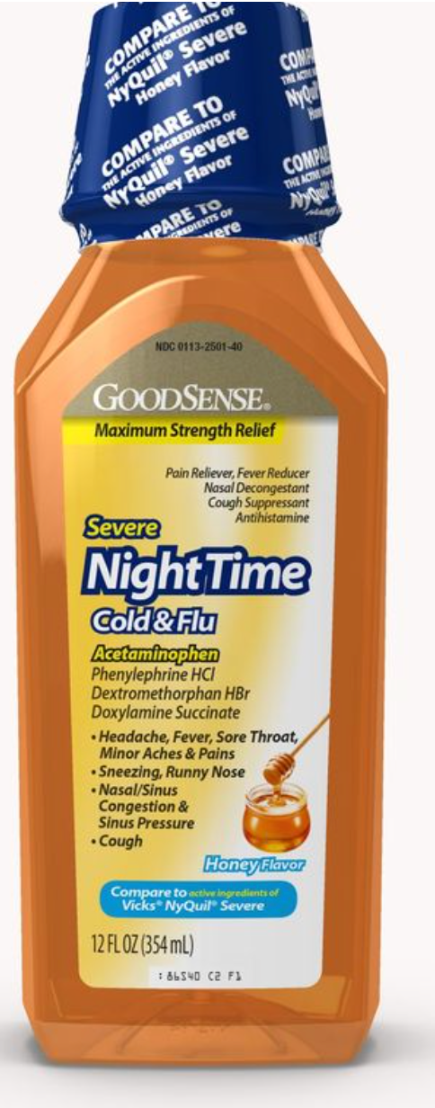 GoodSense Nighttime Honey Flavor Severe Cold and Flu Relief, Liquid Medicine, 12 Fl Oz - expires August 2026