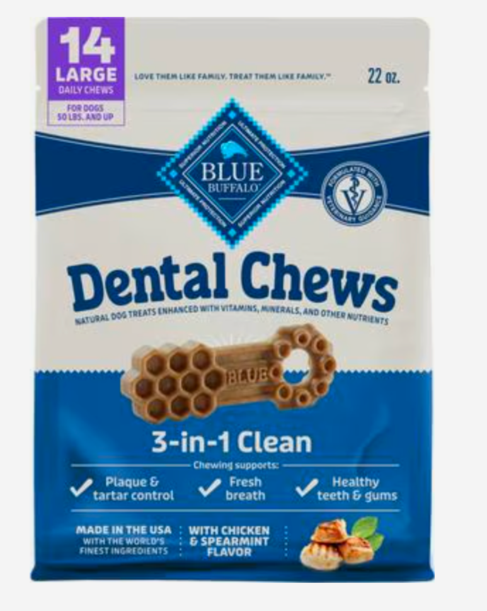 Blue Buffalo Large Natural Chicken & Spearmint Dental Dog Chews Treats, 14 count - expires June 20 2026