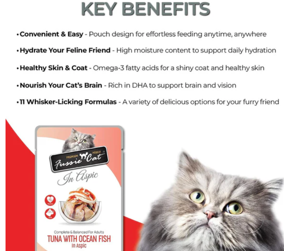 Fussie Cat Premium Tuna with Ocean Fish in Aspic Wet Cat Food, 2.47-oz pouch - expires 10/28/2026