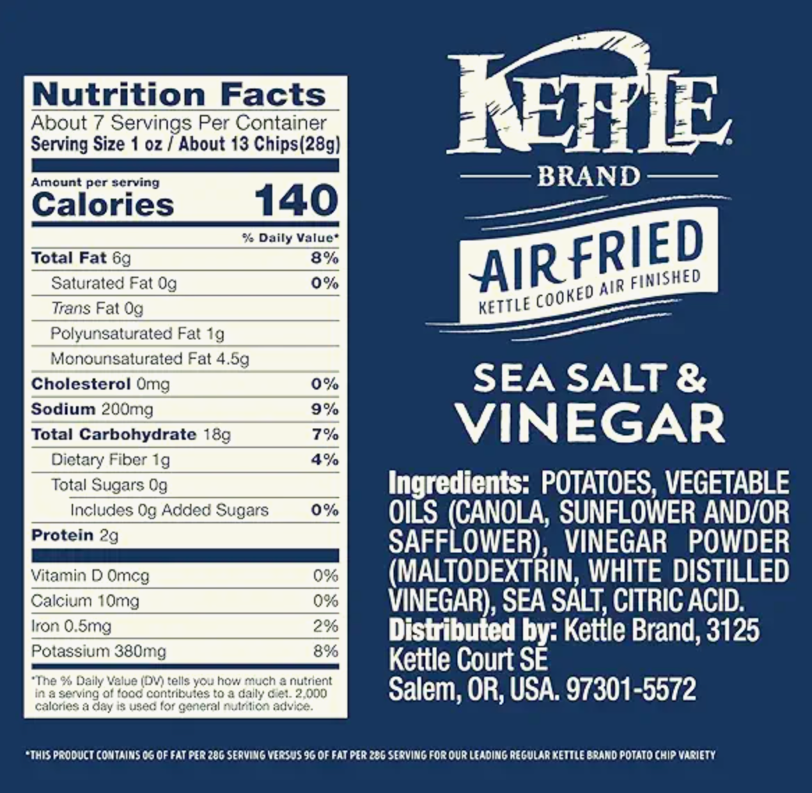 Kettle Brand Potato Chips, Air Fried Sea Salt & Vinegar Kettle Chips, 6.5 Oz Bag - expired June 06 2026