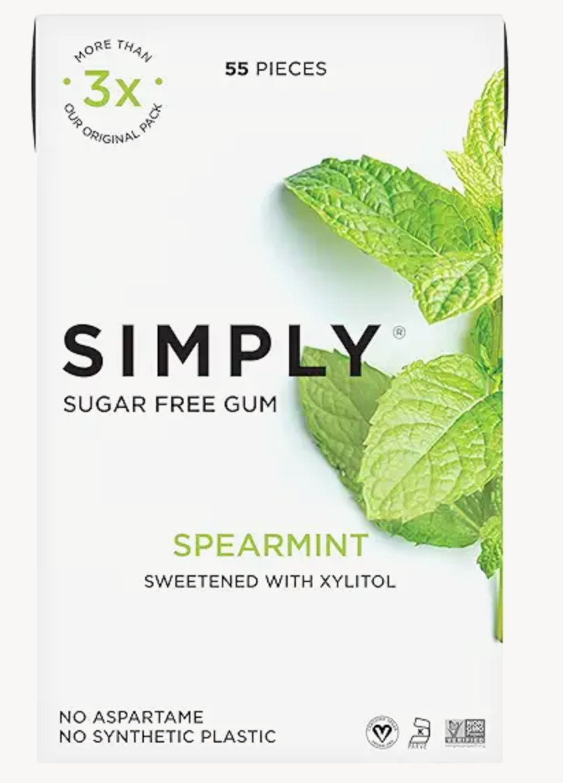 SIMPLY Gum | Sugar Free Xylitol Chewing Gum | Spearmint | 1 Pack (55 Pieces Total) | Synthetic Free + Sugar Free + Aspartame Free