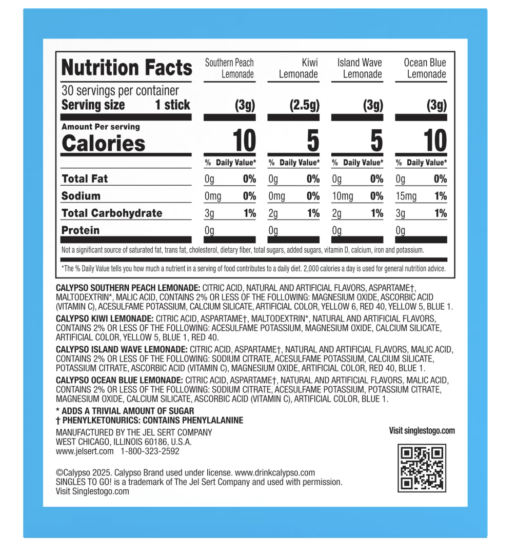 Calypso Lemonade Singles to Go Powdered Drink Mix Variety Pack, 30 Count Packets - Expires Feb 2028
