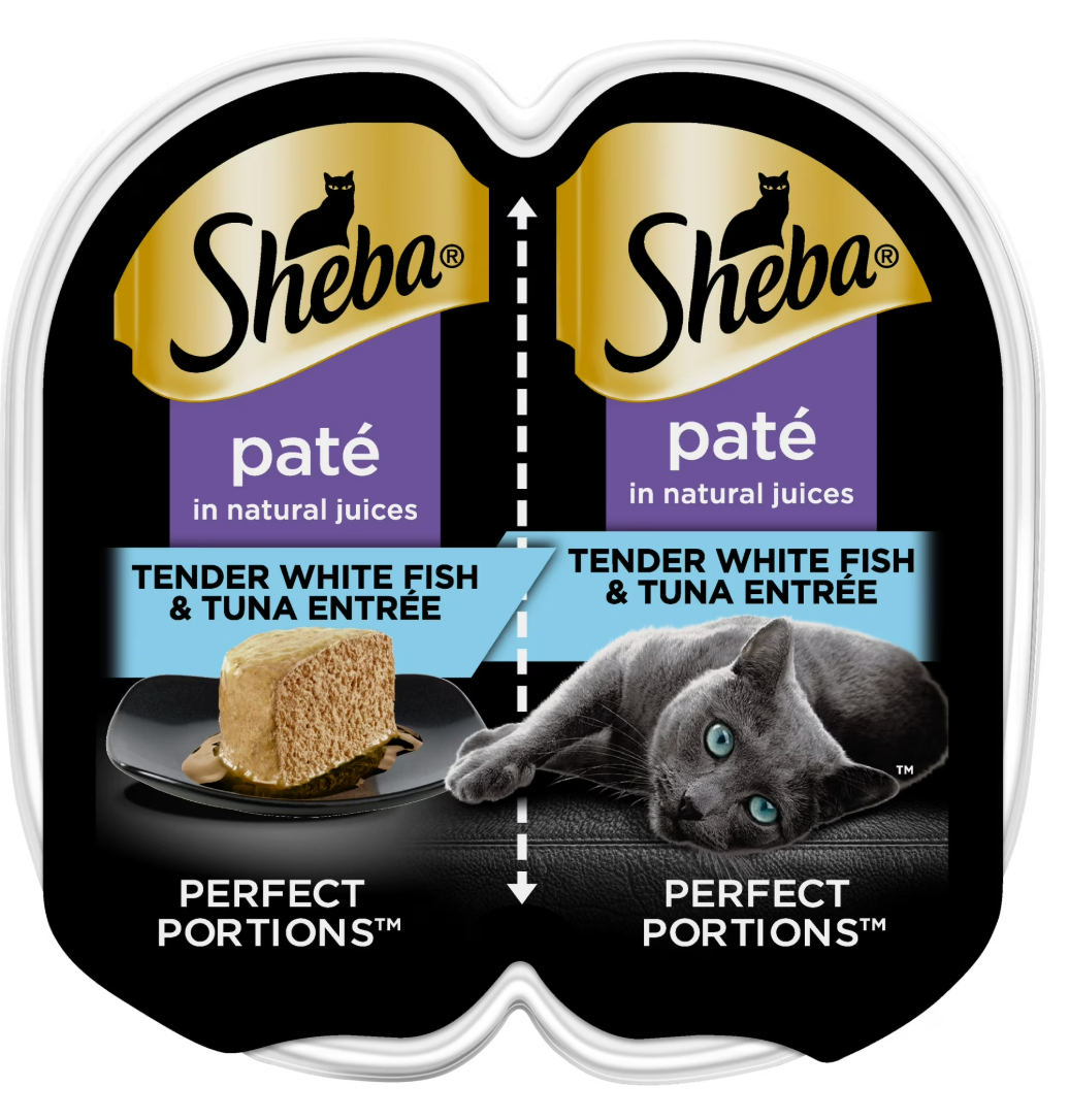 Sheba Wet Cat Food Pate, Tender Whitefish & Tuna Entree, 2.6 oz Perfect Portions Twin Pack Tray