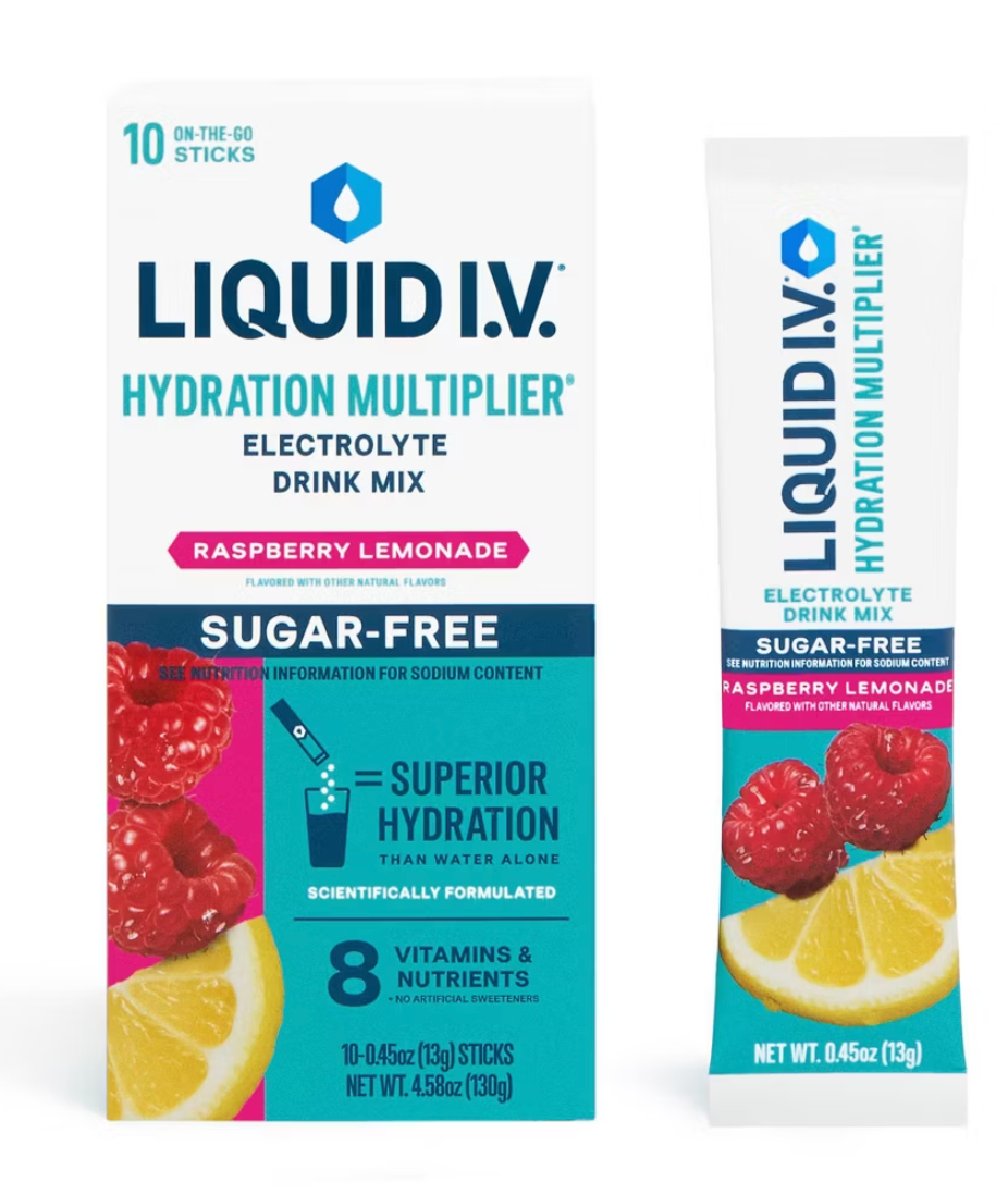 Liquid I.V. Sugar Free Hydration Powder Electrolyte Supplements: Non-Caffeinated Raspberry Lemonade Drink Mix, 10 Pack