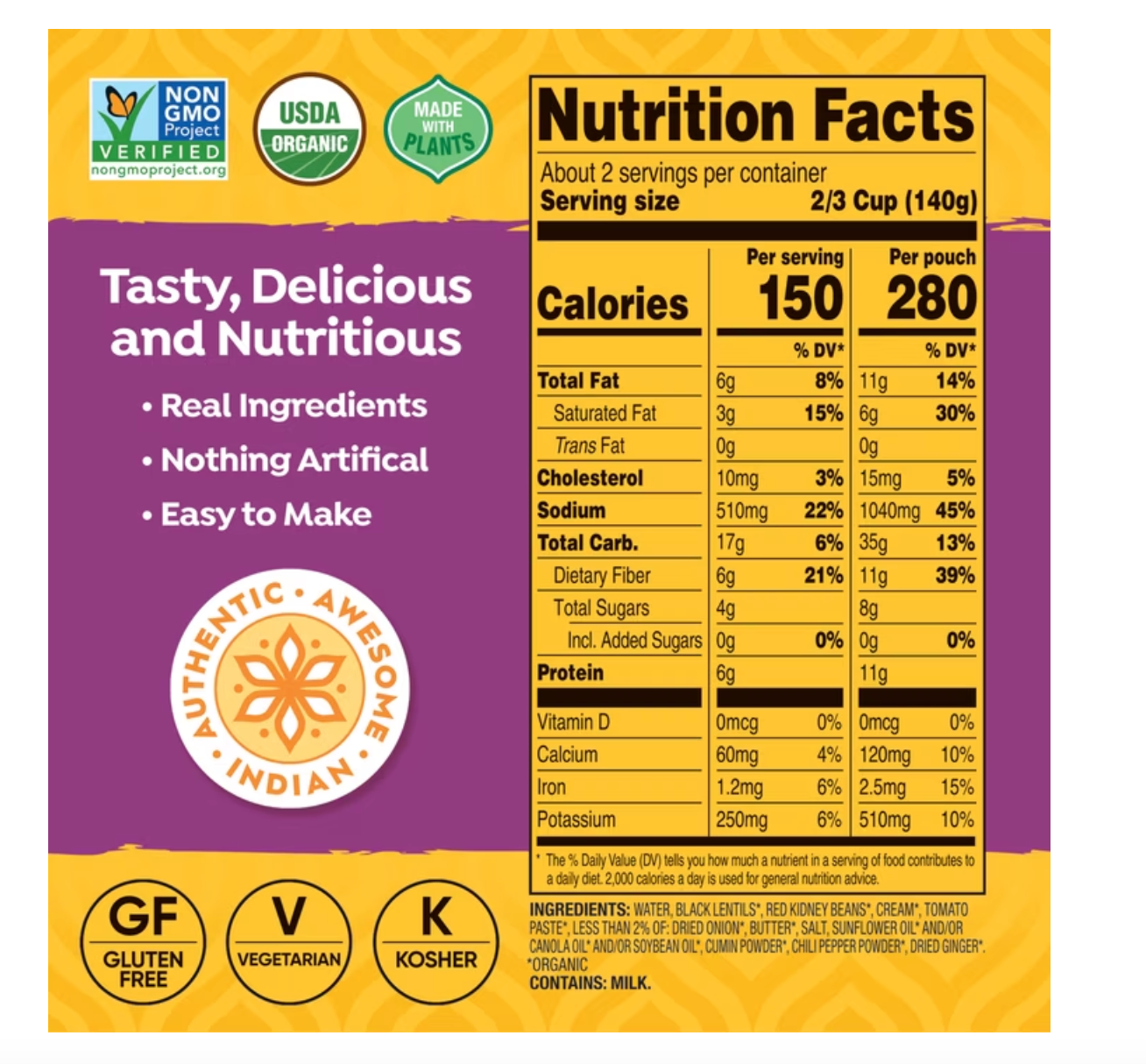 Tasty Bite Organic Madras Lentils 10oz - Savory lentil curry