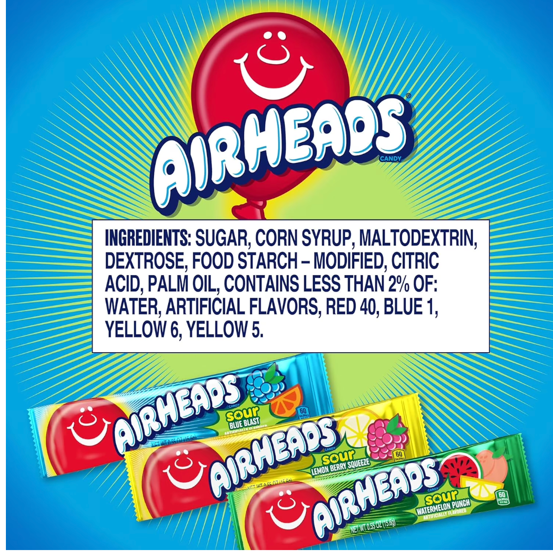 Airheads SOUR Bars Variety Bulk Box, Assorted Flavors, Individually Wrapped Full Size -