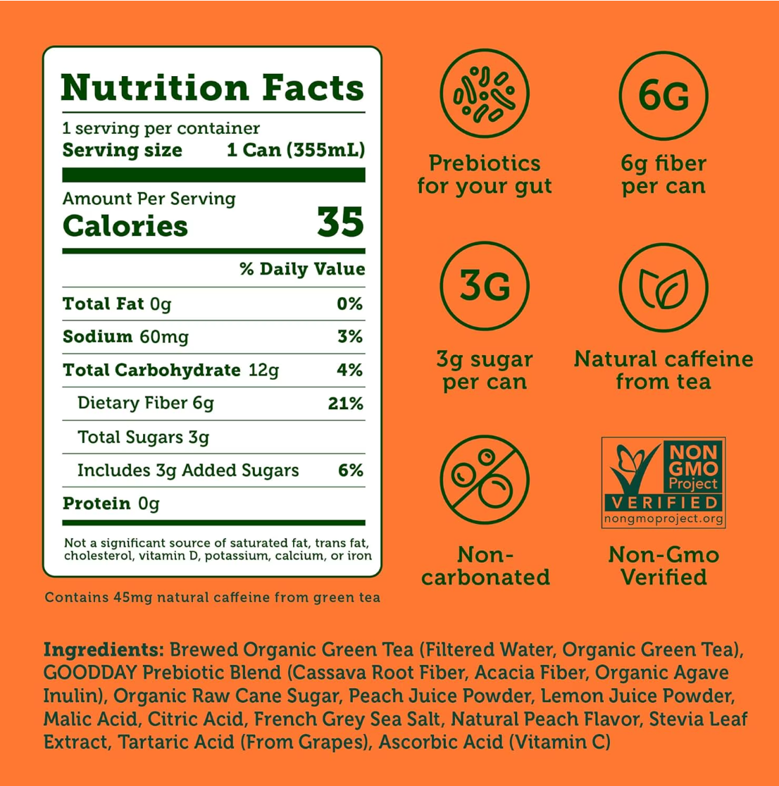 Halfday Prebiotic Peach Iced Tea Drink, 6g Fiber, 12 fl oz Single Can