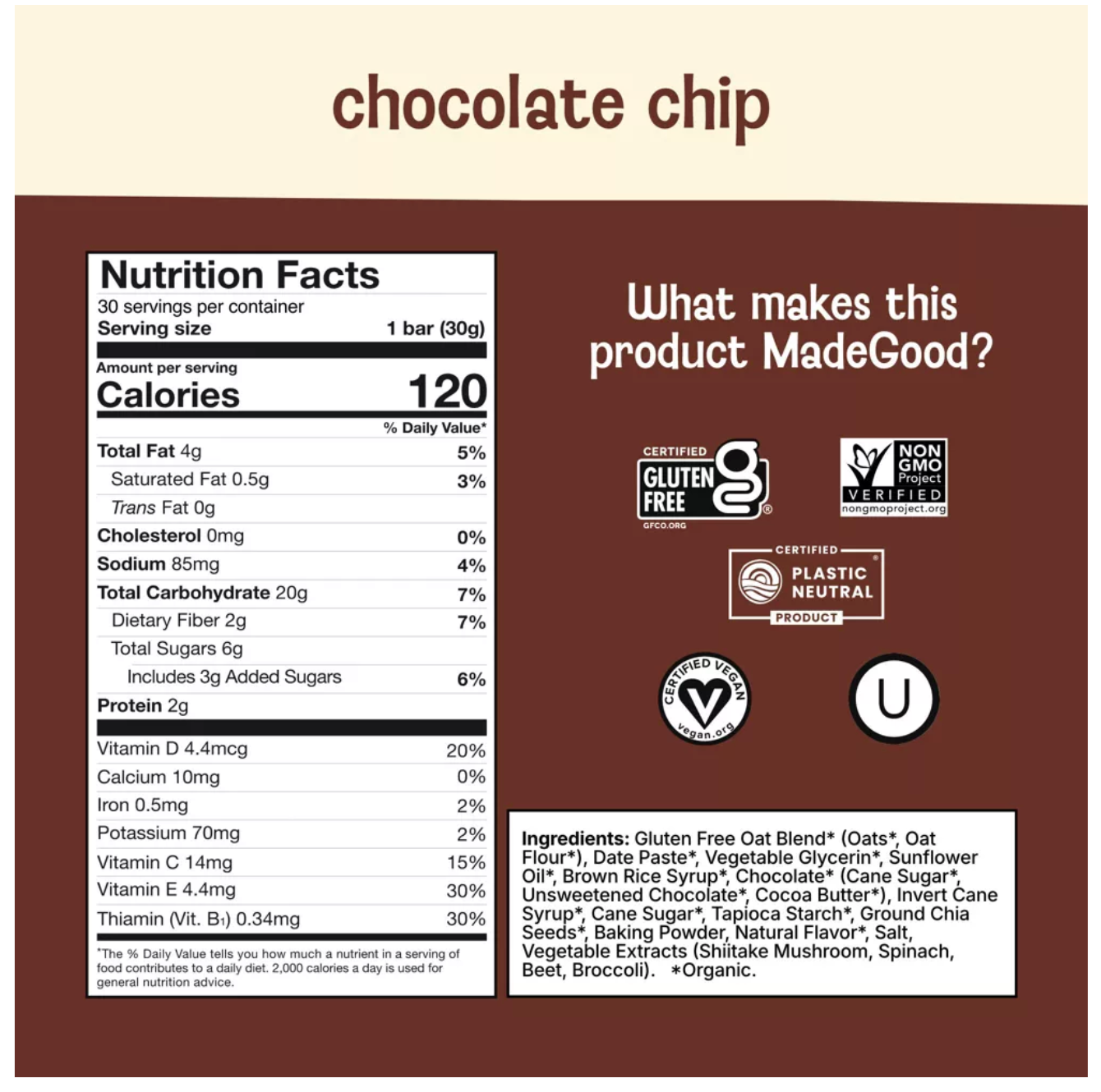 MadeGood Morning Chocolate Chip Bars - 5ct/5.3oz - 12/09/2026