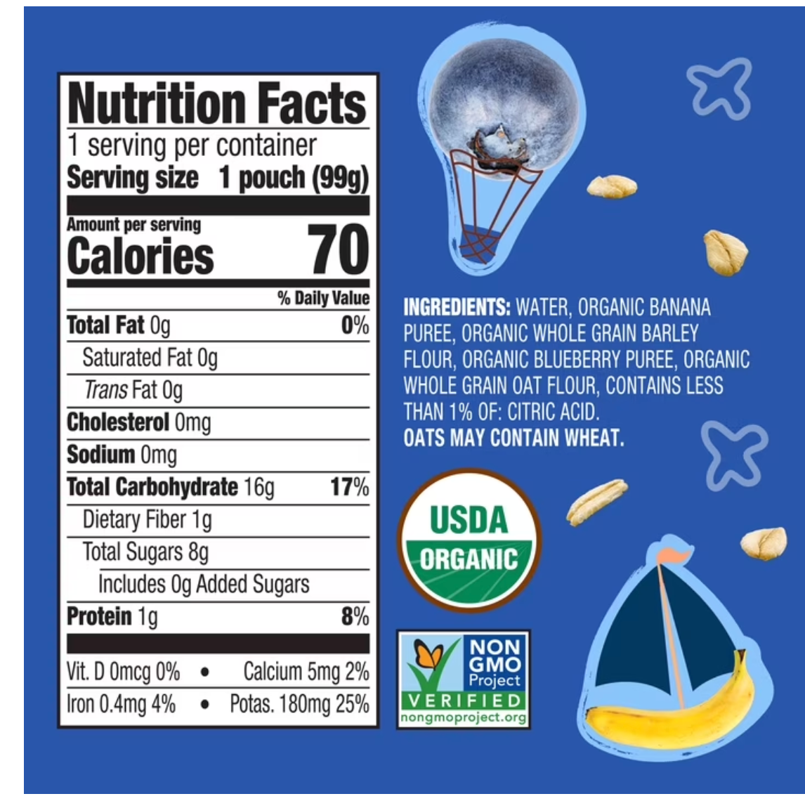 Earth's Best Organic Stage 2 Baby Food, Banana Blueberry Oat Fruit & Grain Puree, 3.5 oz Pouch - expires May 21 2027