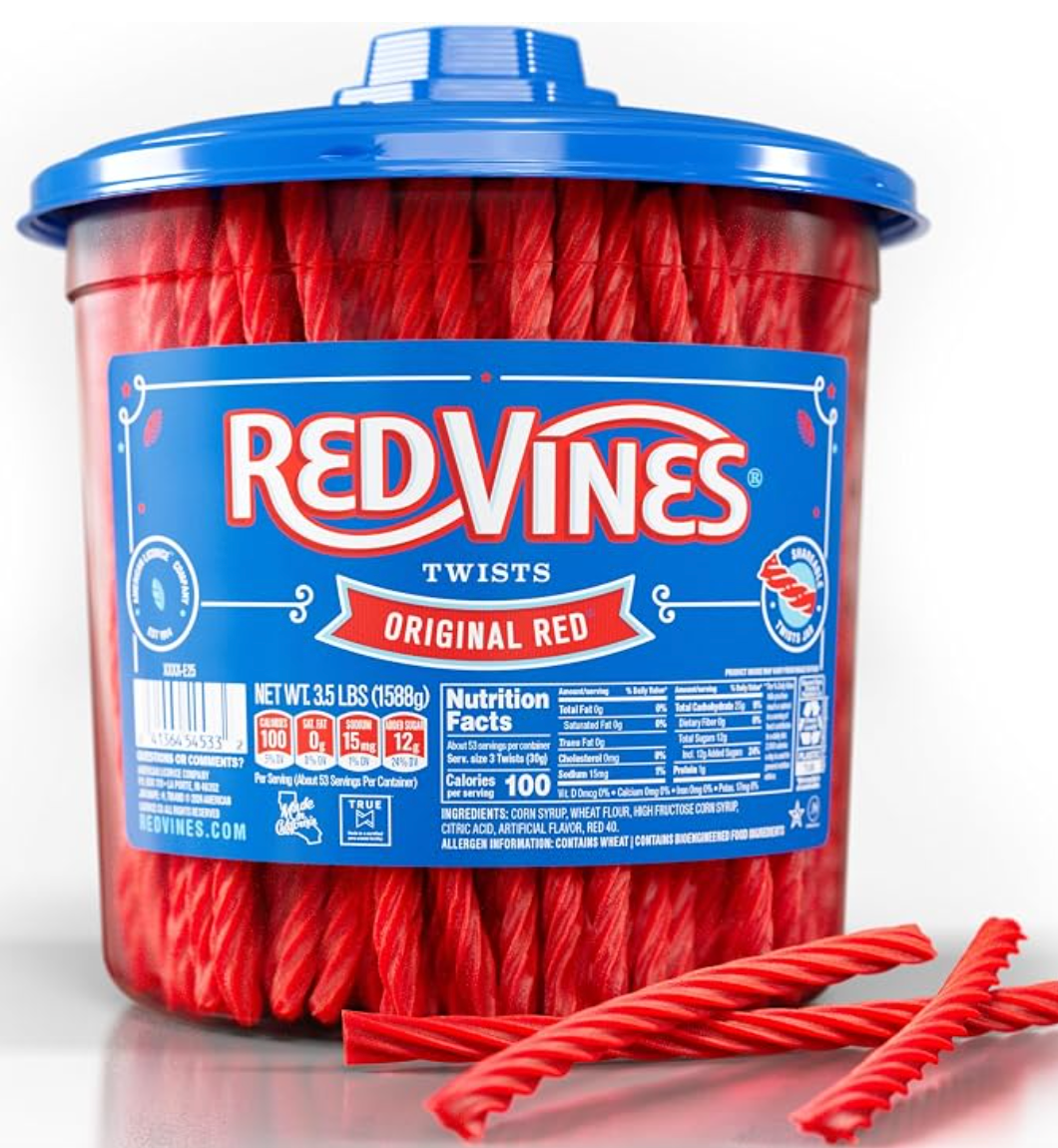 Red Vines Licorice Candy Original Red Flavor Soft Chewy Candy Twists, Red Licorice 3.5 Lb Jar