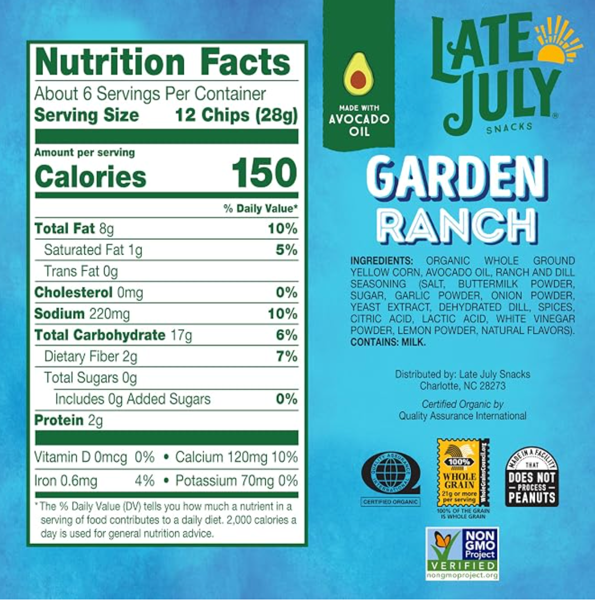 LATE JULY Snacks Garden Ranch Tortilla Chips, 6 Oz - expires October 17th 2026