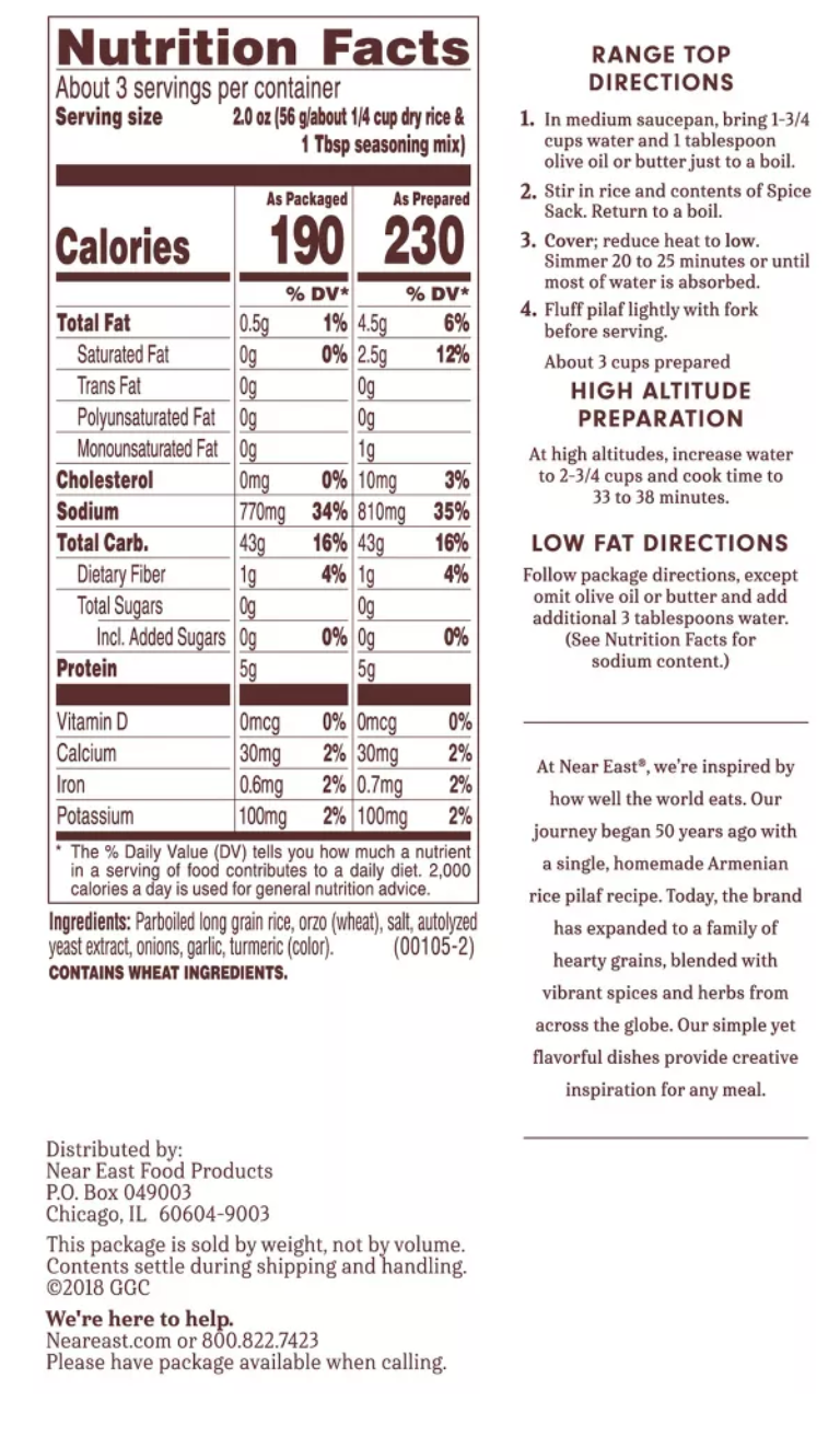Near East Original Rice Pilaf Mix - 6.09oz: Non-GMO Project Verified, Microwavable