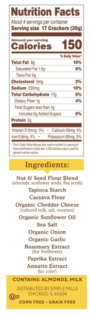 Simple Mills Almond Flour Crackers, Farmhouse Cheddar Gluten-Free Crackers, 4.25 oz - expired 07/17/2026
