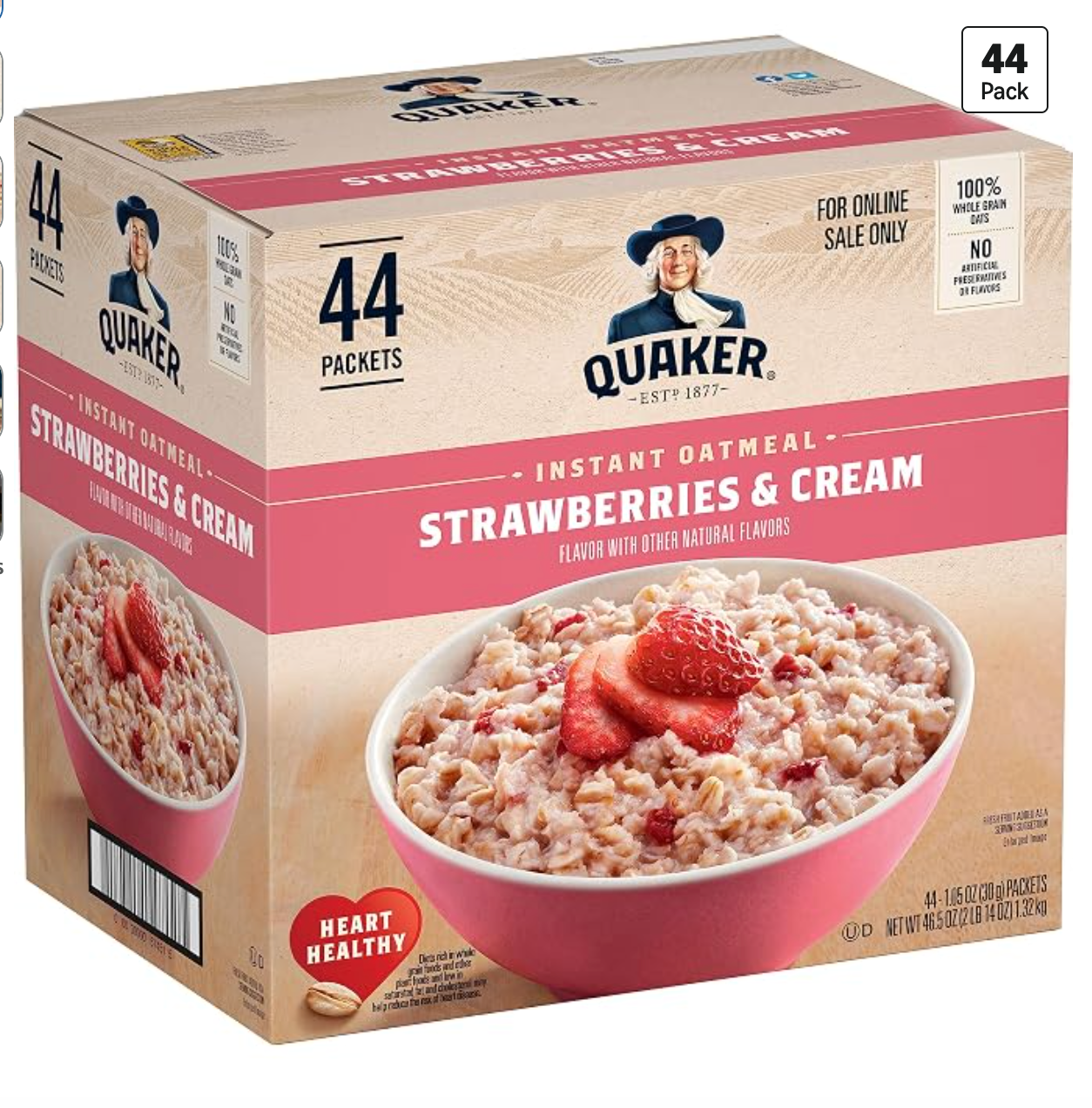 Quaker Instant Oatmeal, Strawberries & Cream, 1.05 Oz, (Pack of 44) - expires Feb 10 2027