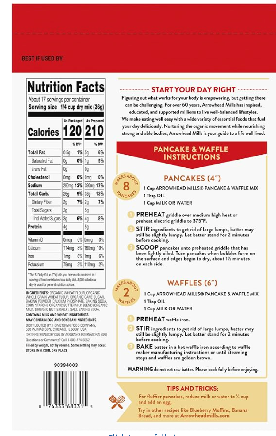 Arrowhead Mills Buttermilk Pancake & Waffle Mix, 22 oz Bag - expires Jan 20 2027