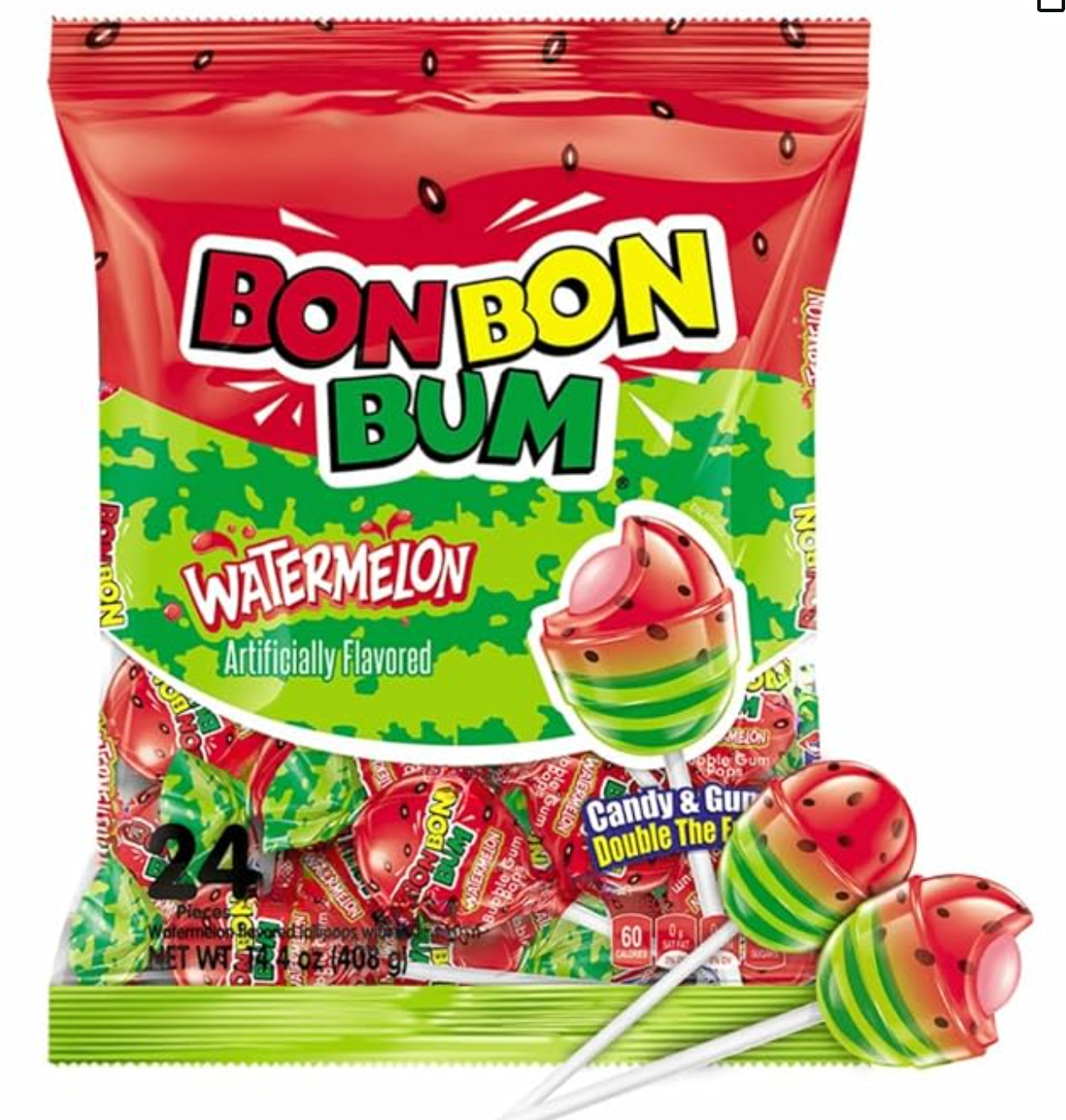 Bon Bon Bum – Fruity Lollipop with Bubble Gum center – Perfect for Parties and Sharing (24 Pieces, Sandia (Watermelon))