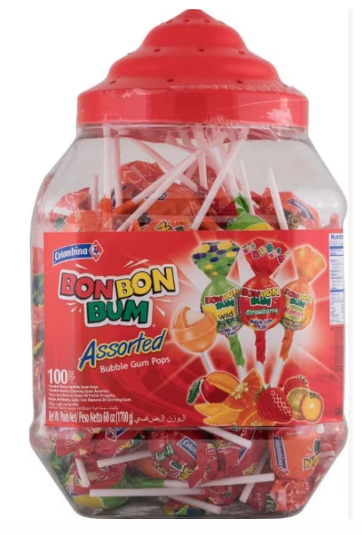 Colombina Bon Bon Bum Assorted Pops, 100 Count Jar - expires 10/2027