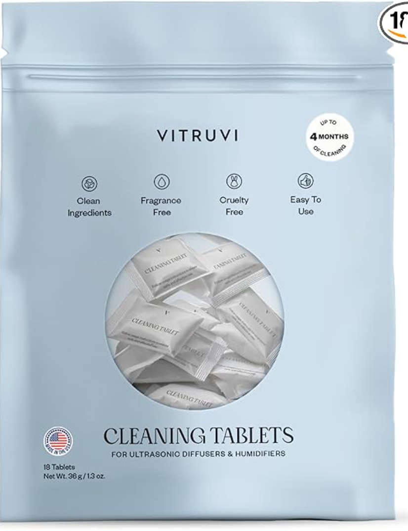 VITRUVI Cleaning Tablets for Diffusers & Humidifiers | Removes Stains & Residue, Prevents Buildup, Enhances Performance | Easy to Use | Made in USA - Pack of 18