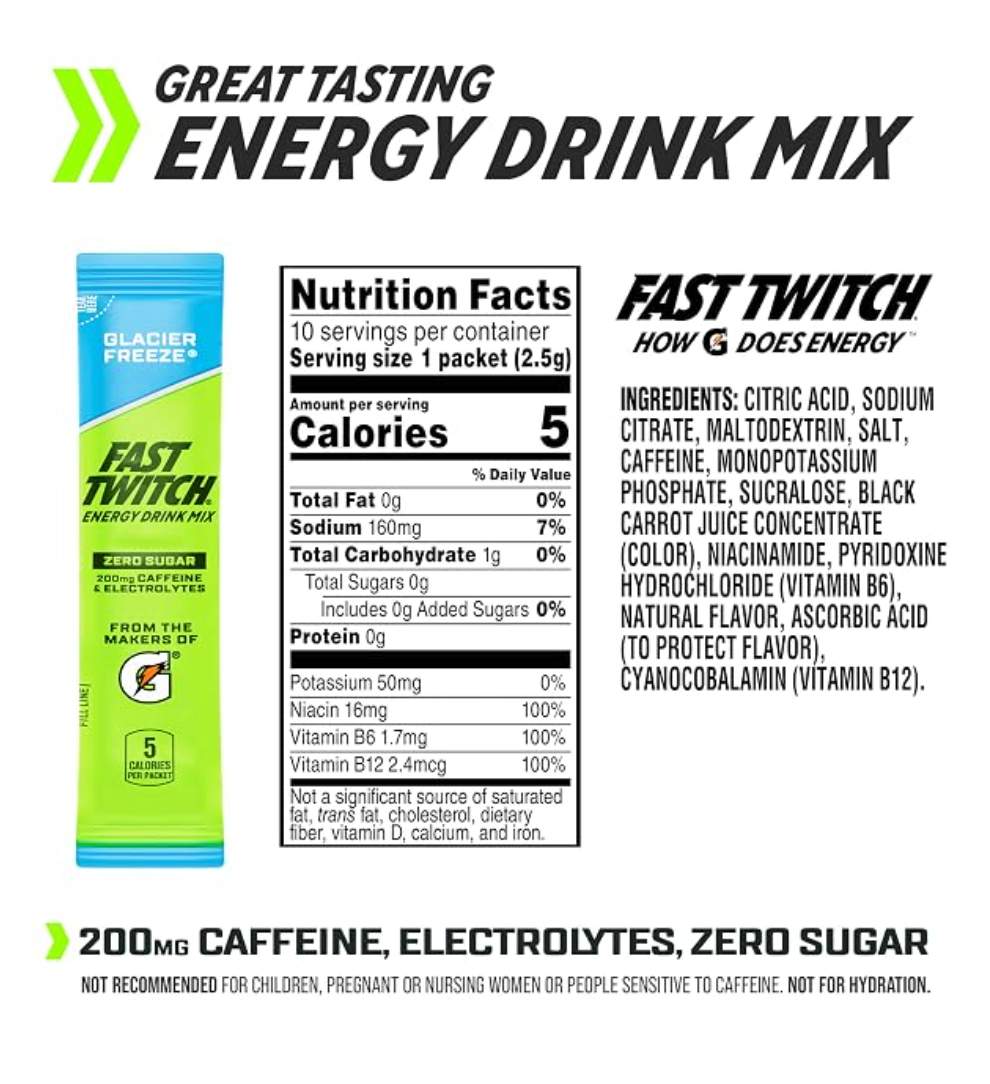 Fast Twitch Energy Drink Mix from Gatorade Powder Sticks, Glacier Freeze, 0.08oz Individual Packets,10 Pack, Zero Sugar, Caffeine, Electrolytes