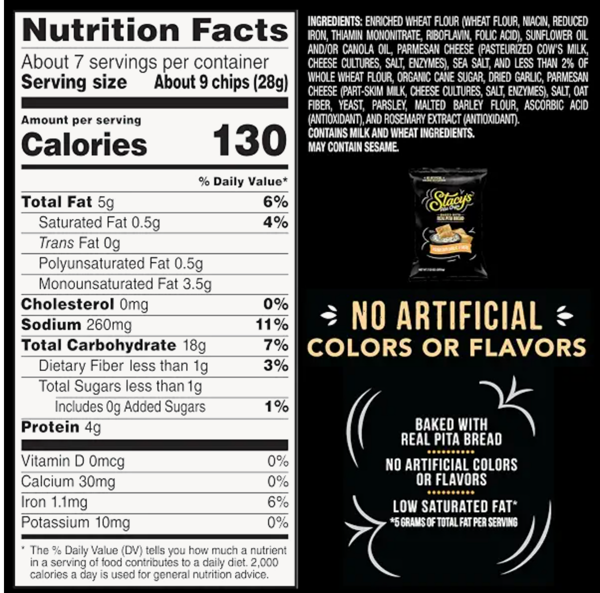 Stacy’s Pita Chips, Parmesan Garlic & Herb, No Artificial Colors or Flavors, 7.33 oz Bag. - expired Sep 08 2026