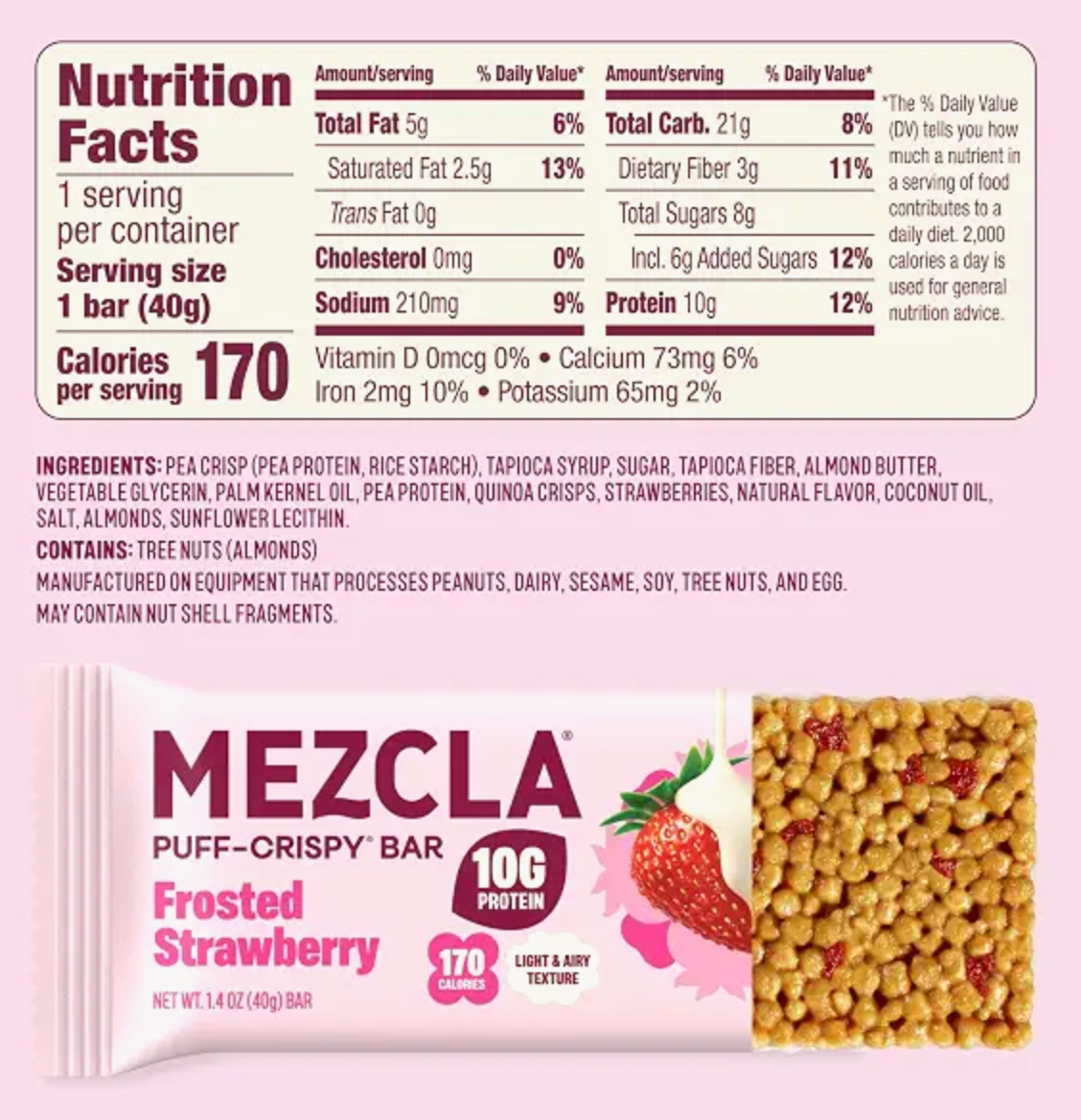 Mezcla Frosted Strawberry Snack Bars, 10G Plant Based Protein Treat, 1 Ct. | Gluten Free - Vegan - Healthy Adult Snack Protein Bar - Rice Cake, Granola, Breakfast Bar Alternative - Light & Airy Texture - expires June 20 2027